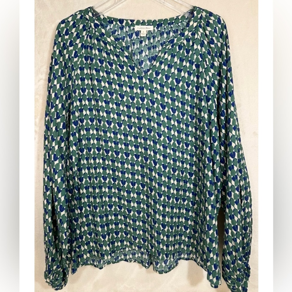 Cotton Bleu Women’s Long Sleeve Split V-Neck Patterned Blouse